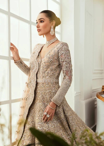 Royal Heavily Embroidered Bridal Maxi Gown with Lehenga & Dupatta – Off White