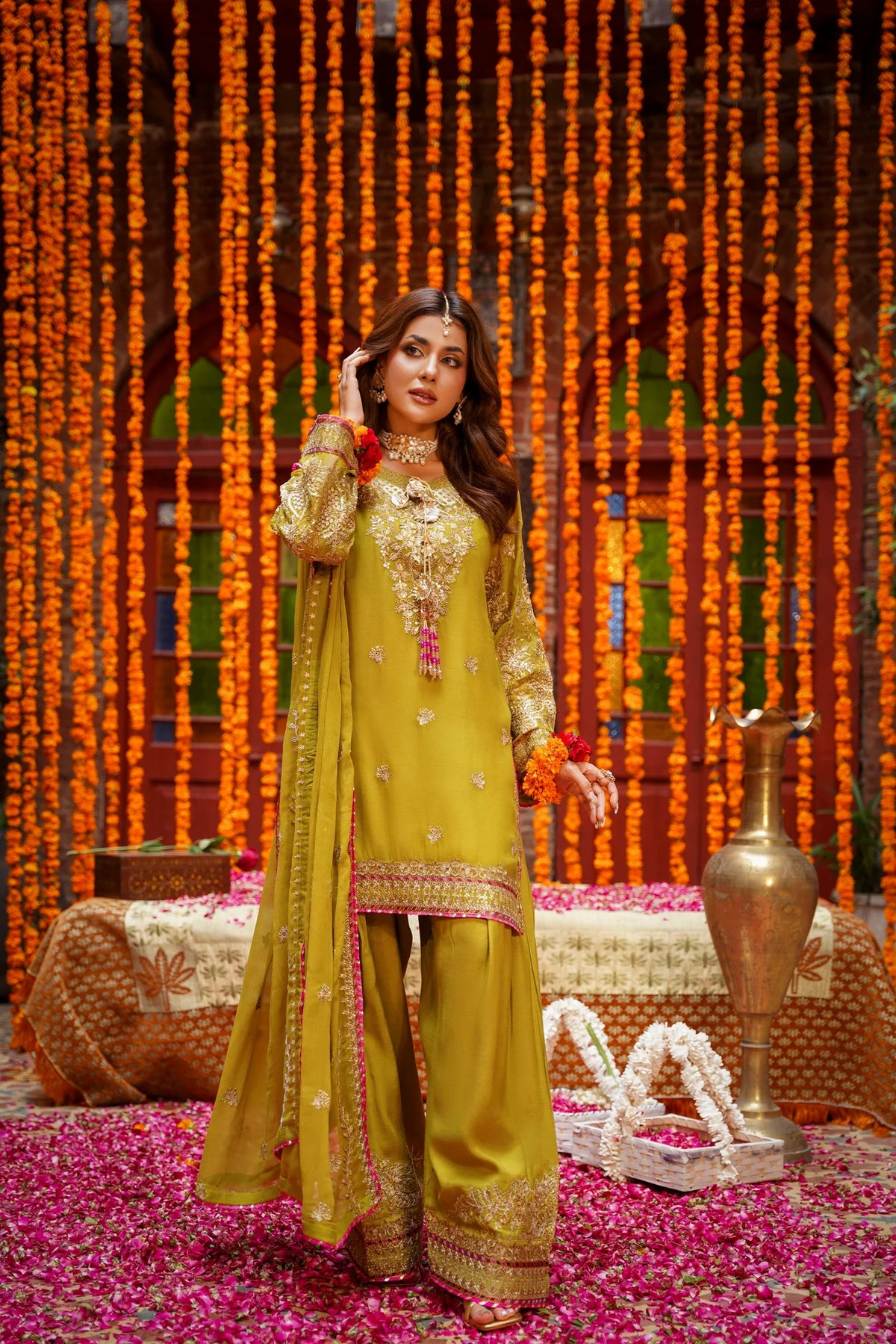 Mustard Raw Silk Embroidered Festive Suit with Pink Contrast