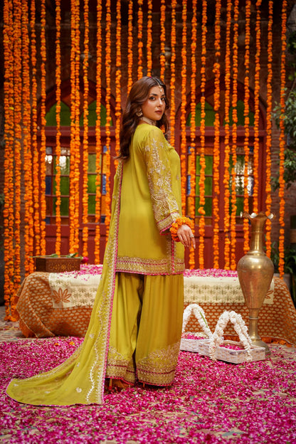 Mustard Raw Silk Embroidered Festive Suit with Pink Contrast
