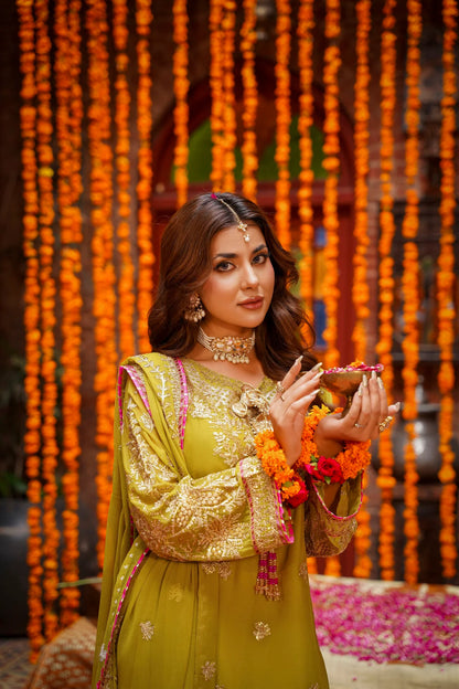 Mustard Raw Silk Embroidered Festive Suit with Pink Contrast