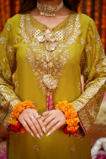 Mustard Raw Silk Embroidered Festive Suit with Pink Contrast
