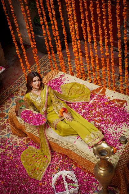 Mustard Raw Silk Embroidered Festive Suit with Pink Contrast