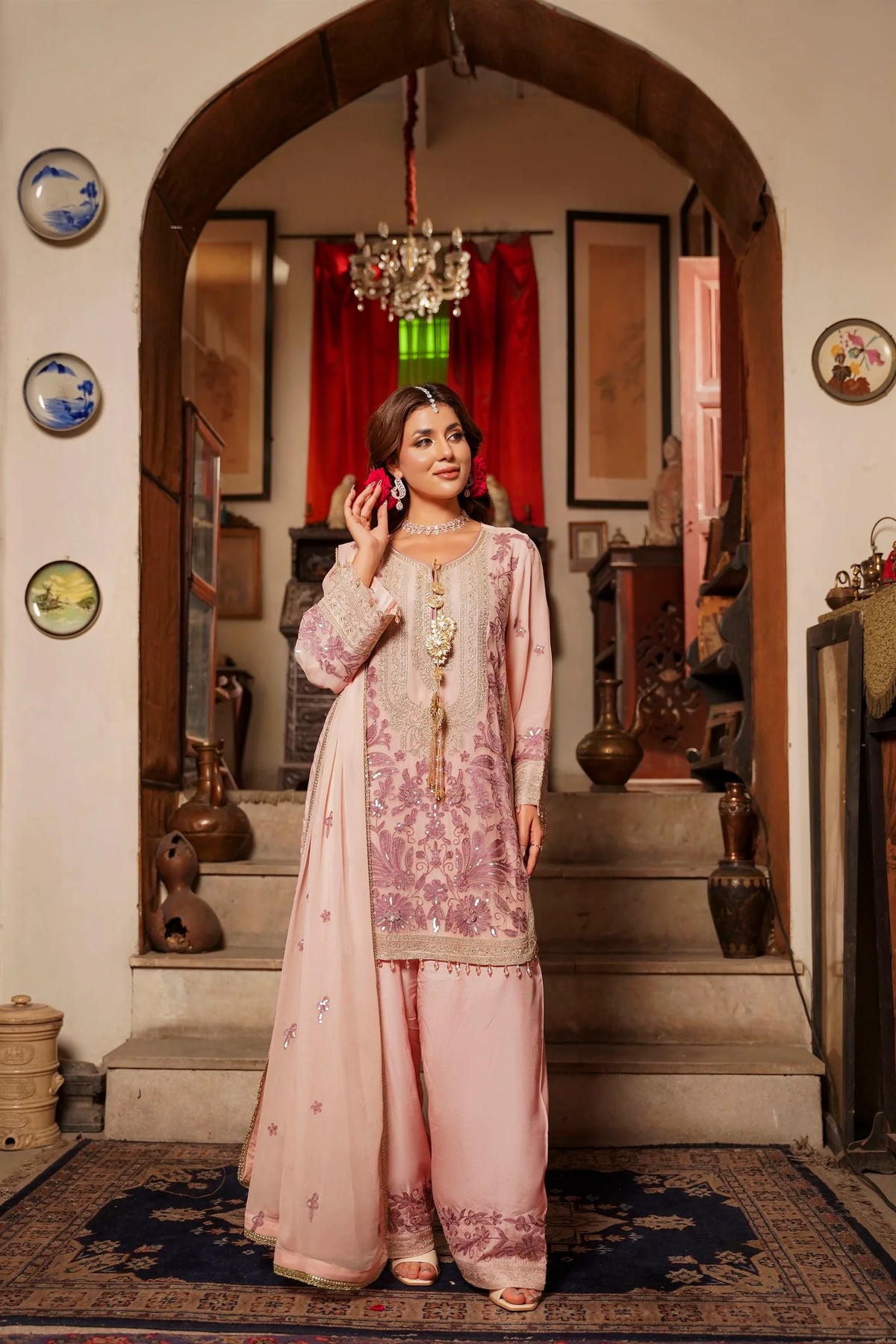 Blush Pink Embroidered Festive Suit with Shalwar