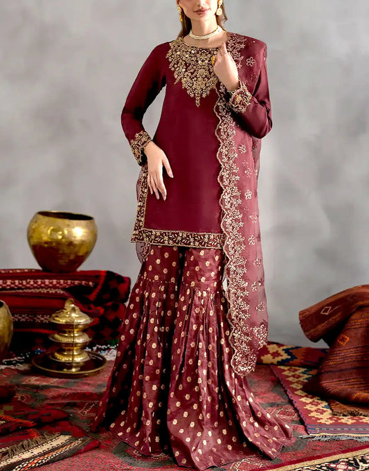 Elegant Embroidered Maroon Chiffon Wedding Sharara Dress - Ideal for Brides & Wedding Events