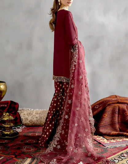 Elegant Embroidered Maroon Chiffon Wedding Sharara Dress - Ideal for Brides & Wedding Events