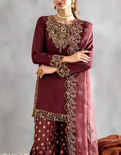 Elegant Embroidered Maroon Chiffon Wedding Sharara Dress - Ideal for Brides & Wedding Events