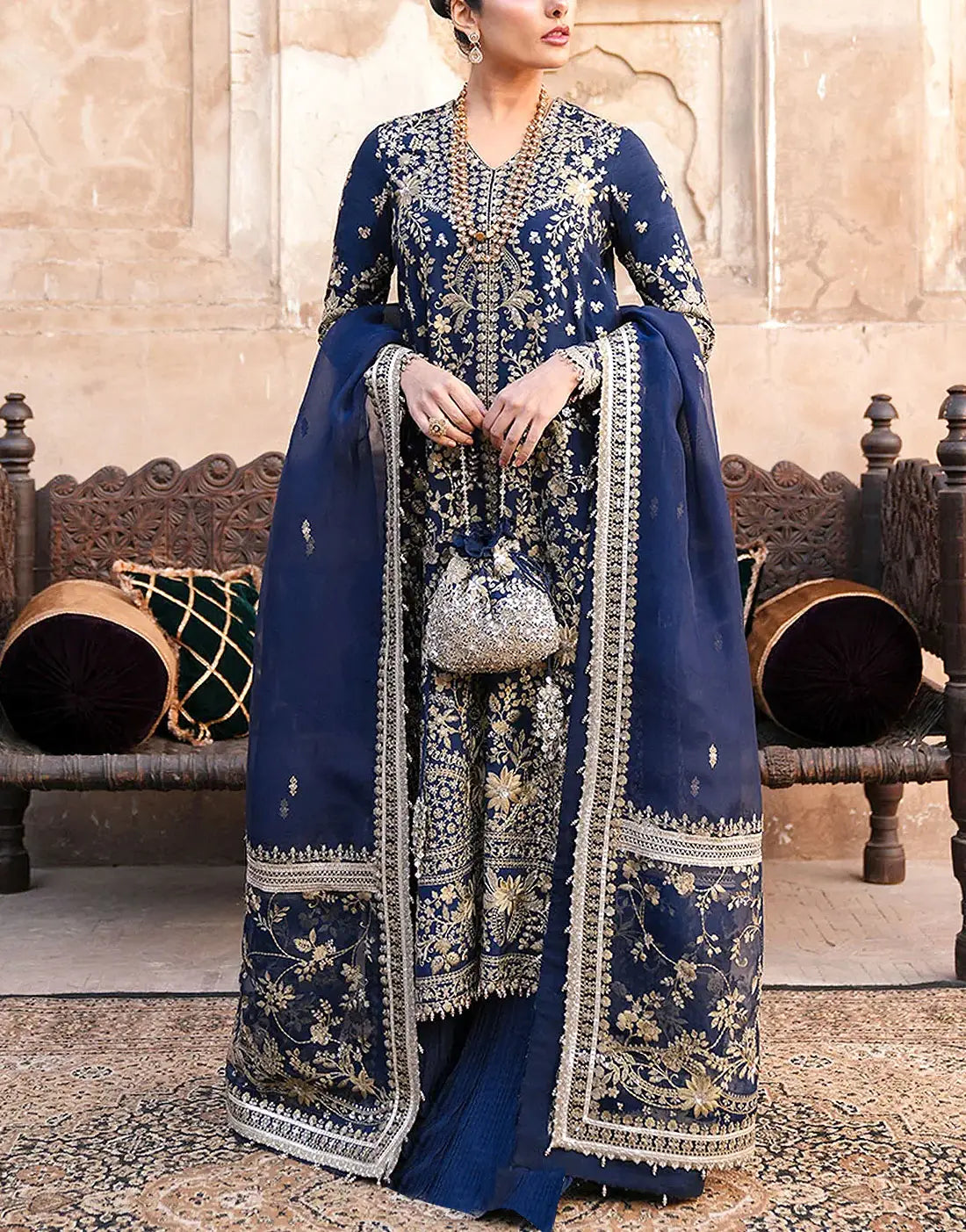 Luxury Full-Front Embroidered Navy Blue Chiffon Wedding Dress with Rich Embellishments