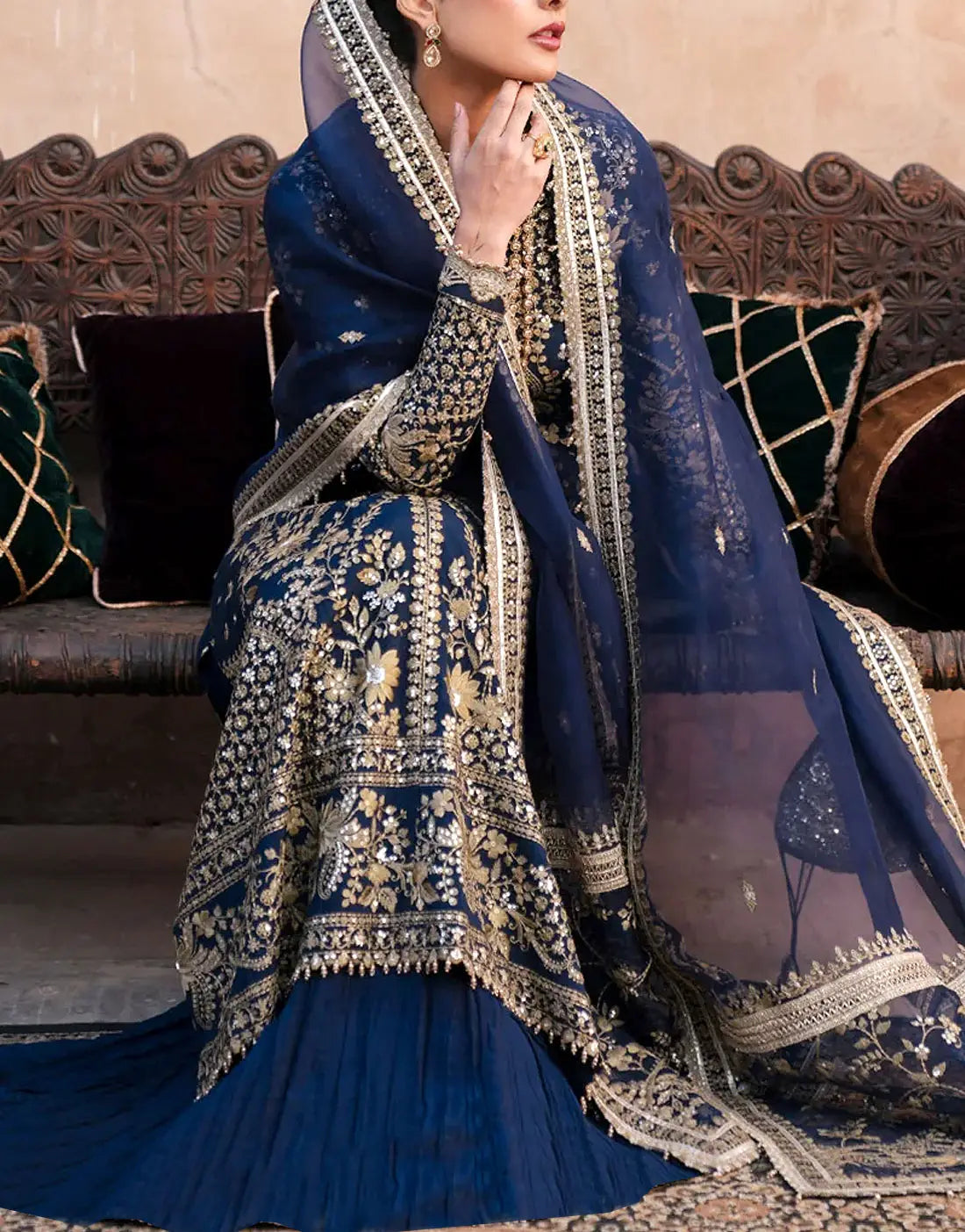 Luxury Full-Front Embroidered Navy Blue Chiffon Wedding Dress with Rich Embellishments