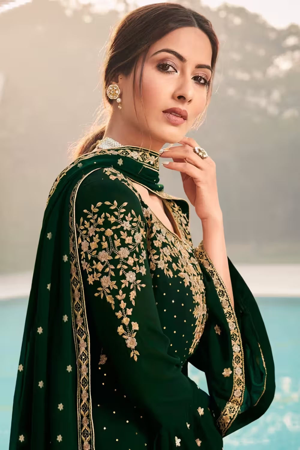 Dark Green Straight Cut Georgette Bridesmaid Sharara Suit