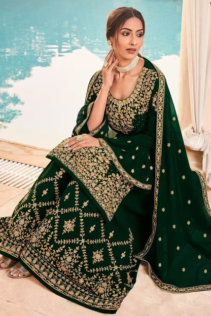 Dark Green Straight Cut Georgette Bridesmaid Sharara Suit