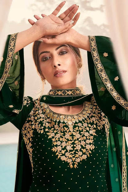 Dark Green Straight Cut Georgette Bridesmaid Sharara Suit