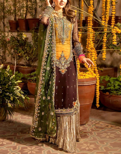 Heritage Heavy Embroidered Chiffon Mehndi Dress with Rich Embellishments