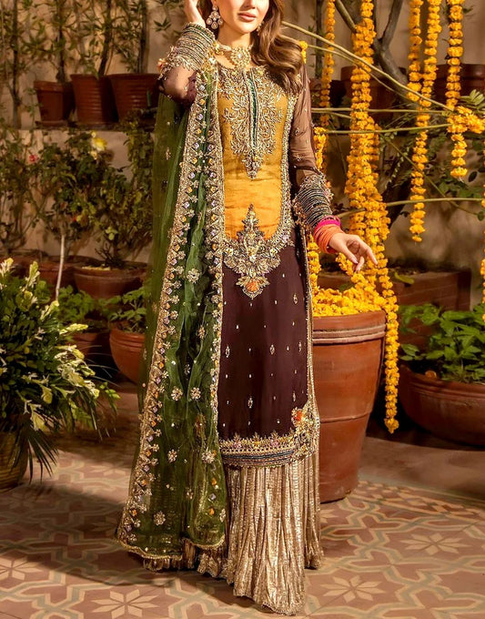 Heritage Heavy Embroidered Chiffon Mehndi Dress with Rich Embellishments