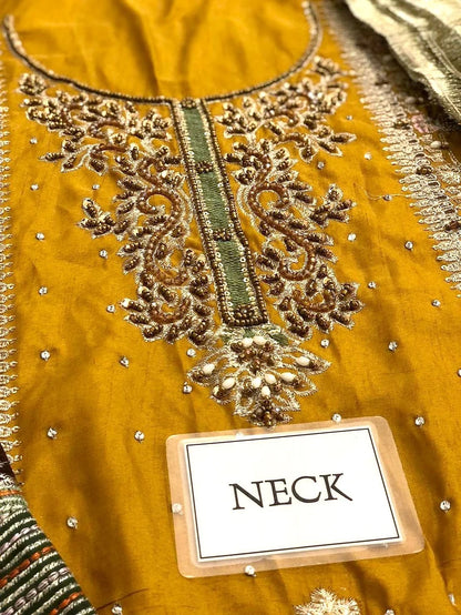 Heritage Heavy Embroidered Chiffon Mehndi Dress with Rich Embellishments
