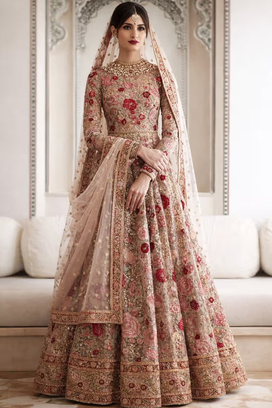 Pale Pink Uppada Silk Embroidered Wedding & Wedding Wear Anarkali Suit