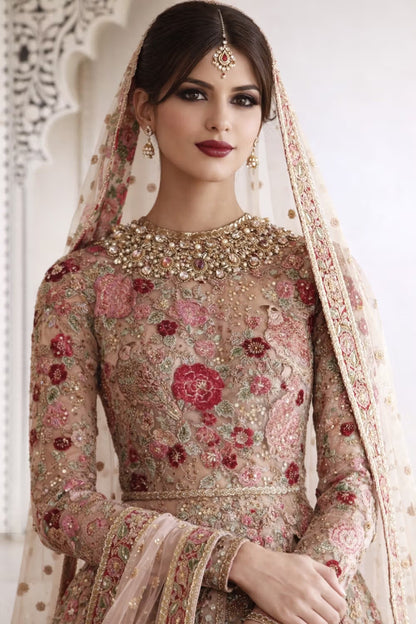 Pale Pink Uppada Silk Embroidered Wedding & Wedding Wear Anarkali Suit
