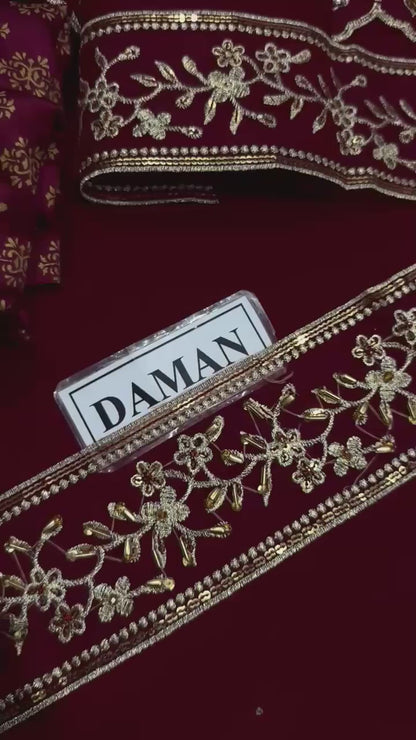 Elegant Embroidered Maroon Chiffon Wedding Sharara Dress - Ideal for Brides & Wedding Events