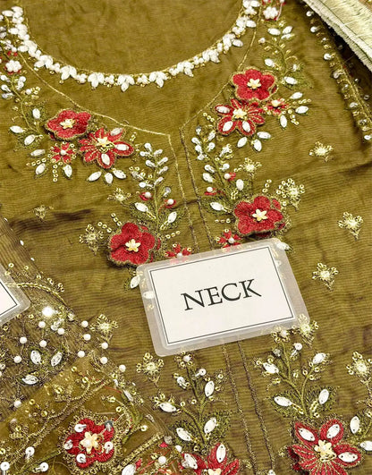 Glamorous Embroidered Antique Gold Raw Silk Bridal Dress with Hand Embellishments