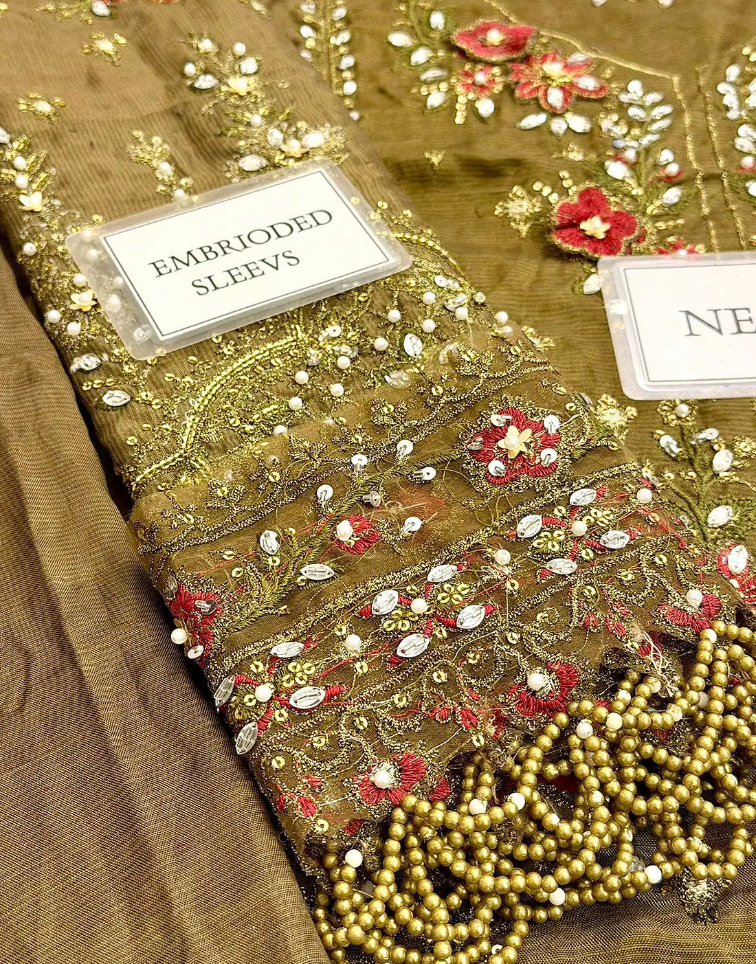 Glamorous Embroidered Antique Gold Raw Silk Bridal Dress with Hand Embellishments