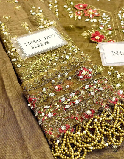 Glamorous Embroidered Antique Gold Raw Silk Bridal Dress with Hand Embellishments