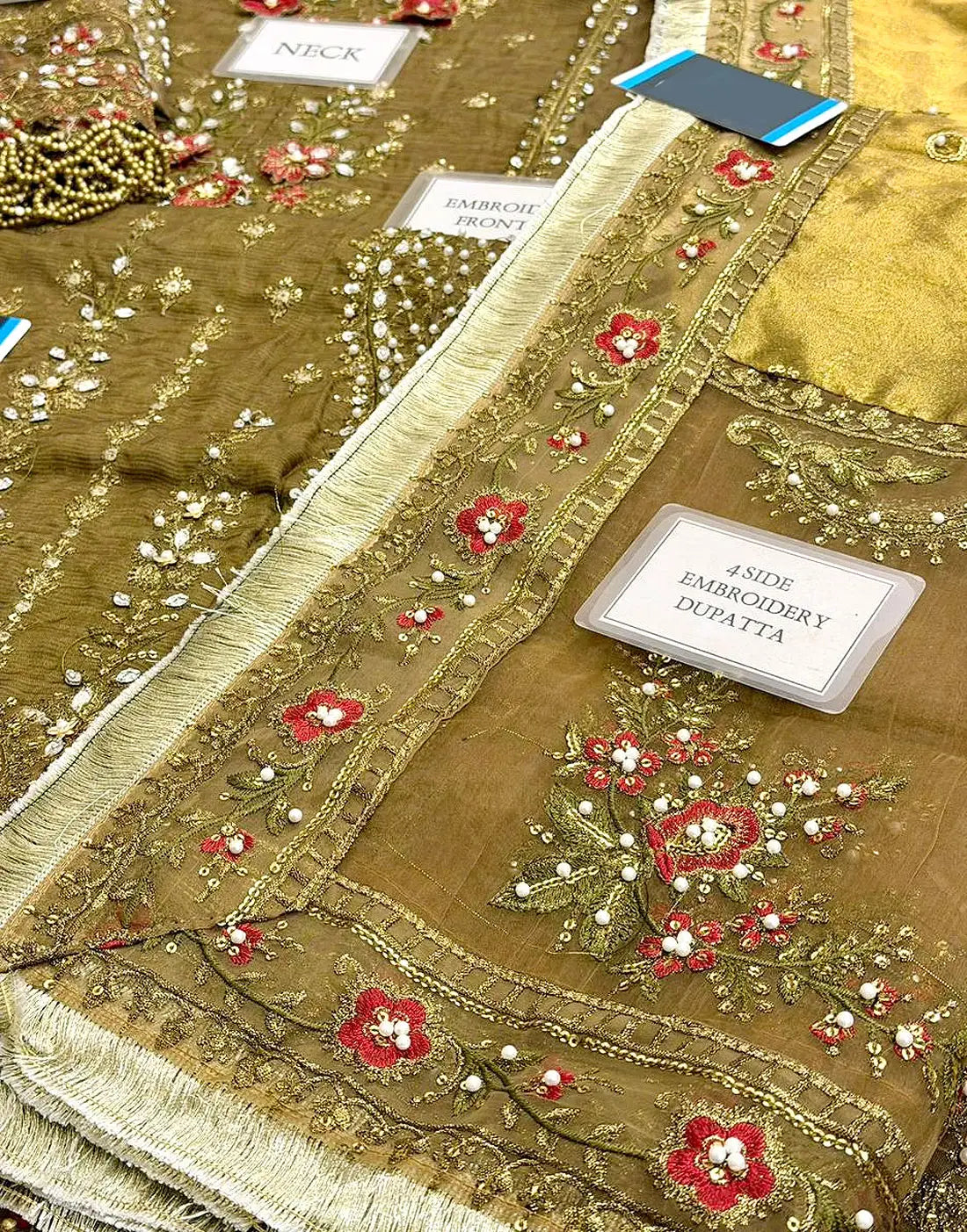 Glamorous Embroidered Antique Gold Raw Silk Bridal Dress with Hand Embellishments