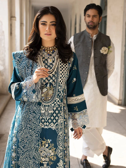 MAHNUR-3PC LAWN EMBROIDERED SHIRT WITH ORGANZA EMBROIDERED DUPATTA AND TROUSER
