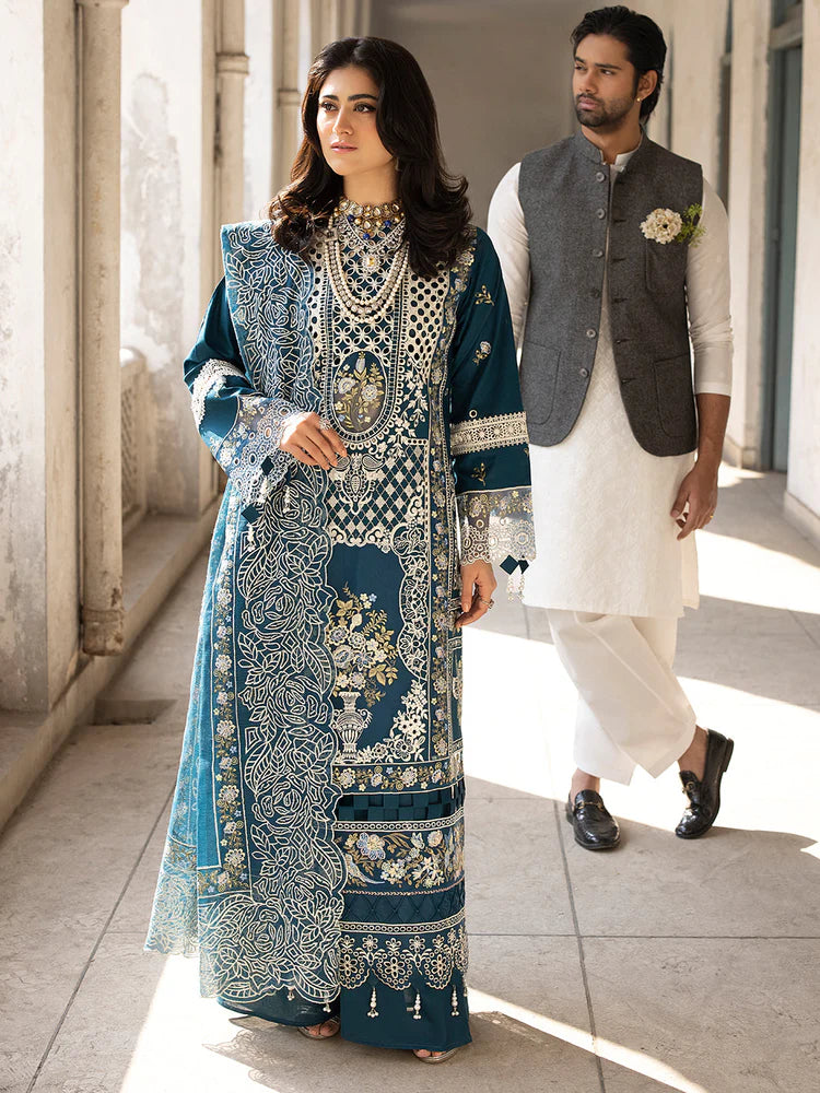MAHNUR-3PC LAWN EMBROIDERED SHIRT WITH ORGANZA EMBROIDERED DUPATTA AND TROUSER
