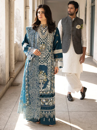 MAHNUR-3PC LAWN EMBROIDERED SHIRT WITH ORGANZA EMBROIDERED DUPATTA AND TROUSER