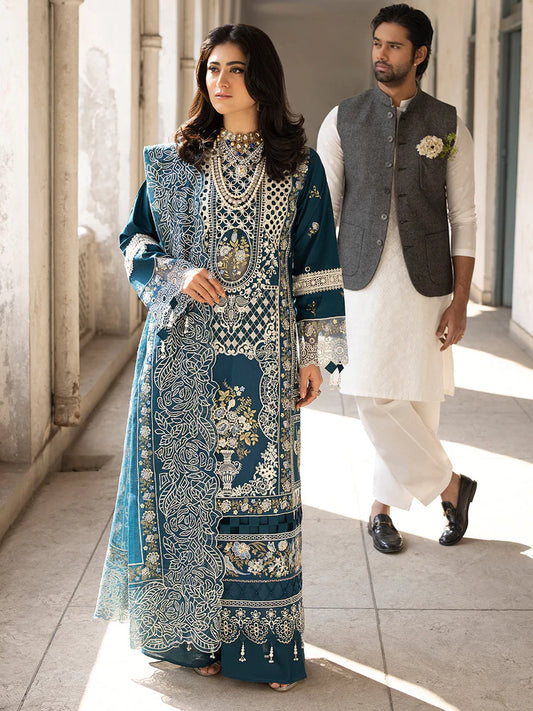 MAHNUR-3PC LAWN EMBROIDERED SHIRT WITH ORGANZA EMBROIDERED DUPATTA AND TROUSER