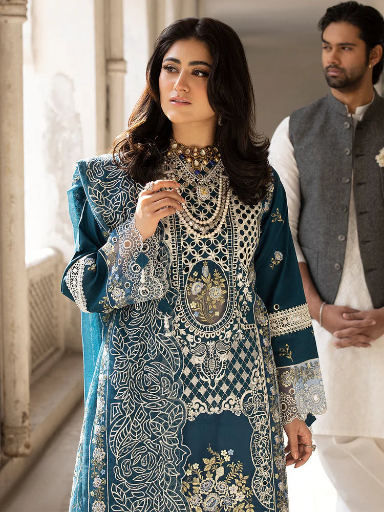 MAHNUR-3PC LAWN EMBROIDERED SHIRT WITH ORGANZA EMBROIDERED DUPATTA AND TROUSER