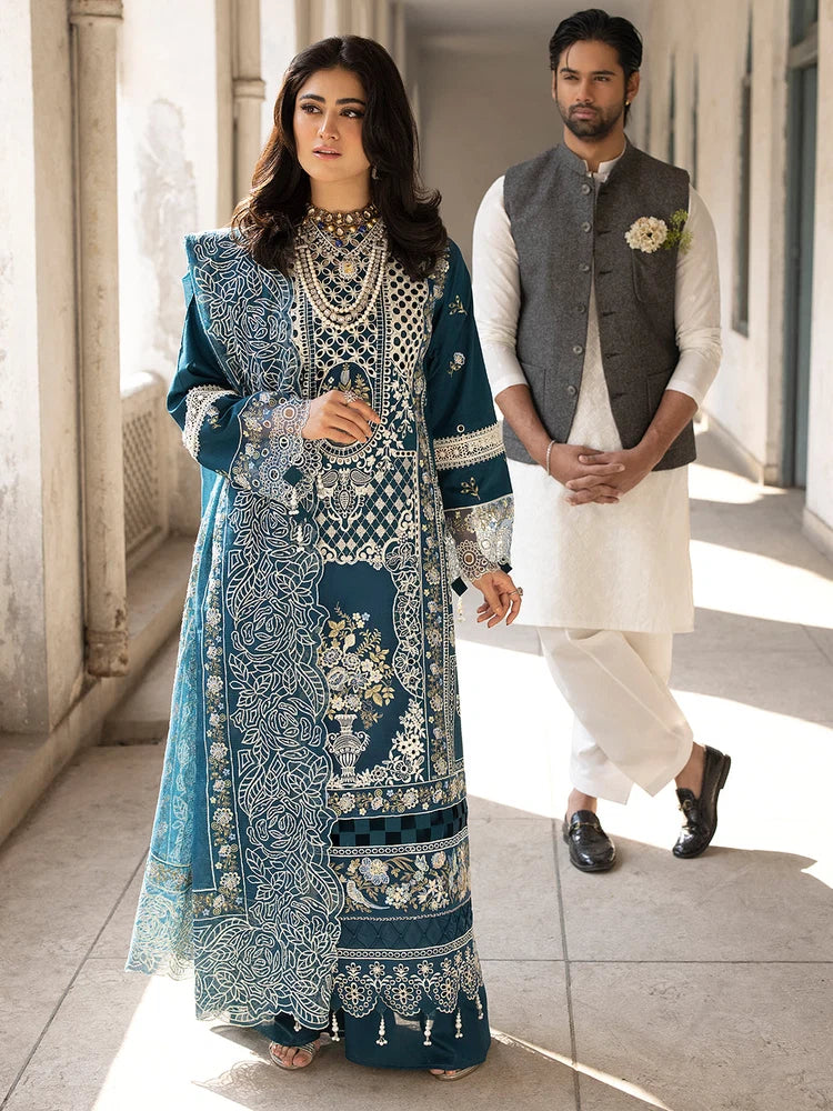MAHNUR-3PC LAWN EMBROIDERED SHIRT WITH ORGANZA EMBROIDERED DUPATTA AND TROUSER