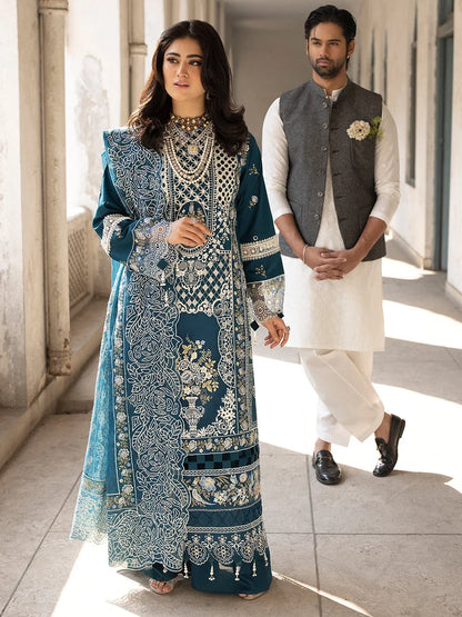 MAHNUR-3PC LAWN EMBROIDERED SHIRT WITH ORGANZA EMBROIDERED DUPATTA AND TROUSER