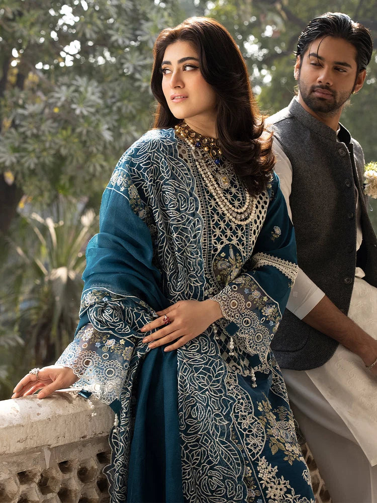 MAHNUR-3PC LAWN EMBROIDERED SHIRT WITH ORGANZA EMBROIDERED DUPATTA AND TROUSER
