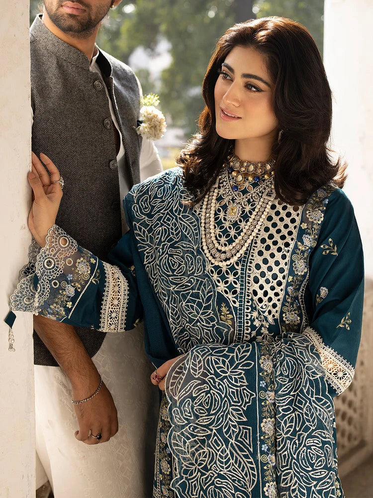 MAHNUR-3PC LAWN EMBROIDERED SHIRT WITH ORGANZA EMBROIDERED DUPATTA AND TROUSER