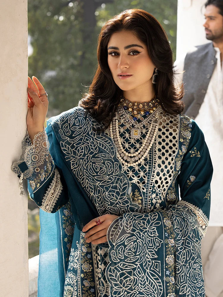 MAHNUR-3PC LAWN EMBROIDERED SHIRT WITH ORGANZA EMBROIDERED DUPATTA AND TROUSER
