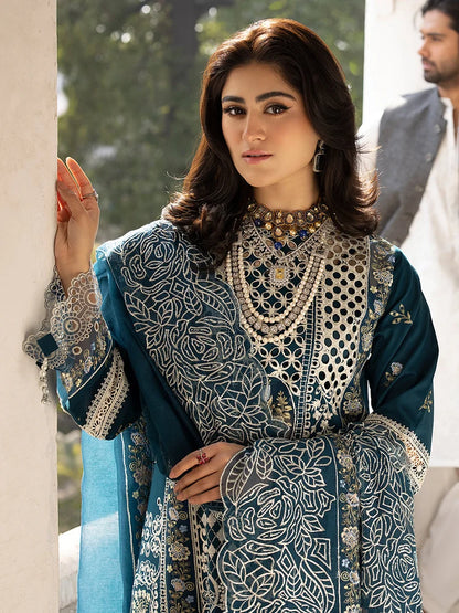 MAHNUR-3PC LAWN EMBROIDERED SHIRT WITH ORGANZA EMBROIDERED DUPATTA AND TROUSER